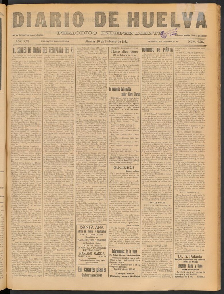 Miniatura de Diario de Huelva : periódico independiente del 20 de febrero de 1923