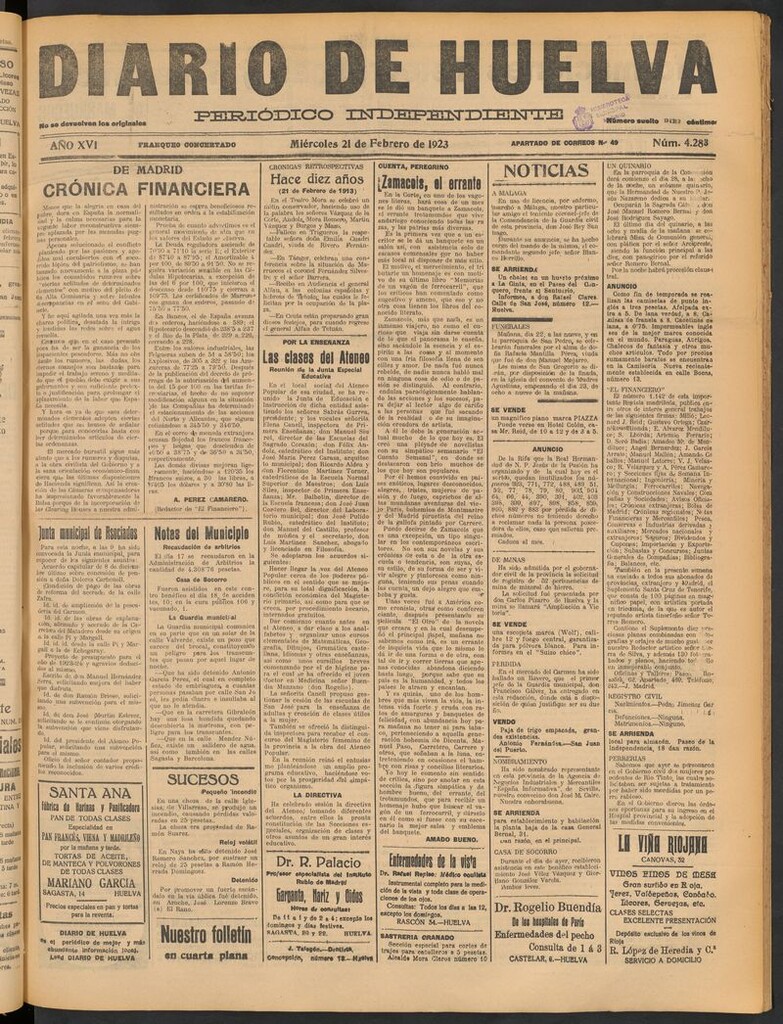 Miniatura de Diario de Huelva : periódico independiente del 21 de febrero de 1923