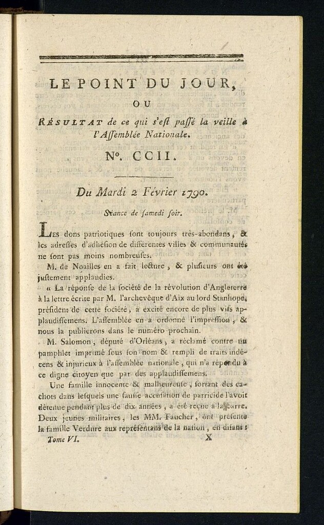 Miniatura de Le Point du Jour : ou Résultat de ce qui s´est passé la veille à l´Assemble Nationale du mardi 2 fevrier 1790. Nº 202