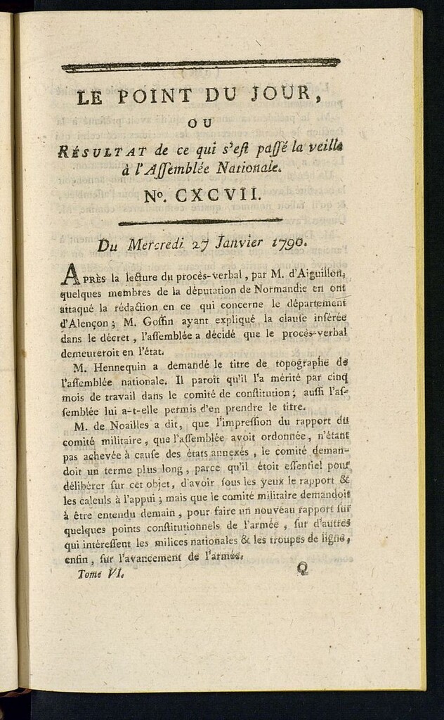 Miniatura de Le Point du Jour : ou Résultat de ce qui s´est passé la veille à l´Assemble Nationale du mercredi 27 janvier 1790. Nº 197