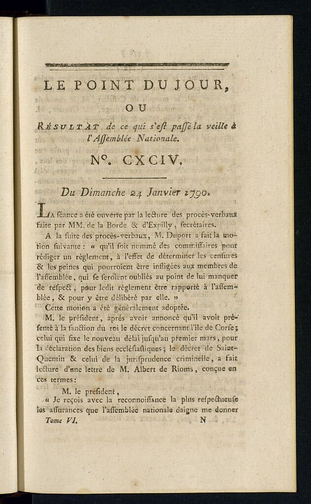 Miniatura de Le Point du Jour : ou Résultat de ce qui s´est passé la veille à l´Assemble Nationale du dimanche 24 janvier 1790. Nº 194