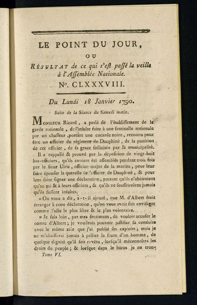 Miniatura de Le Point du Jour : ou Résultat de ce qui s´est passé la veille à l´Assemble Nationale du lundi 18 janvier 1790. Nº 188