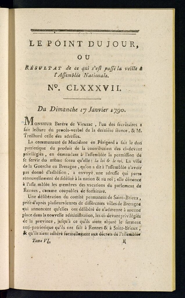 Miniatura de Le Point du Jour : ou Résultat de ce qui s´est passé la veille à l´Assemble Nationale du dimanche 17 janvier 1790. Nº 187