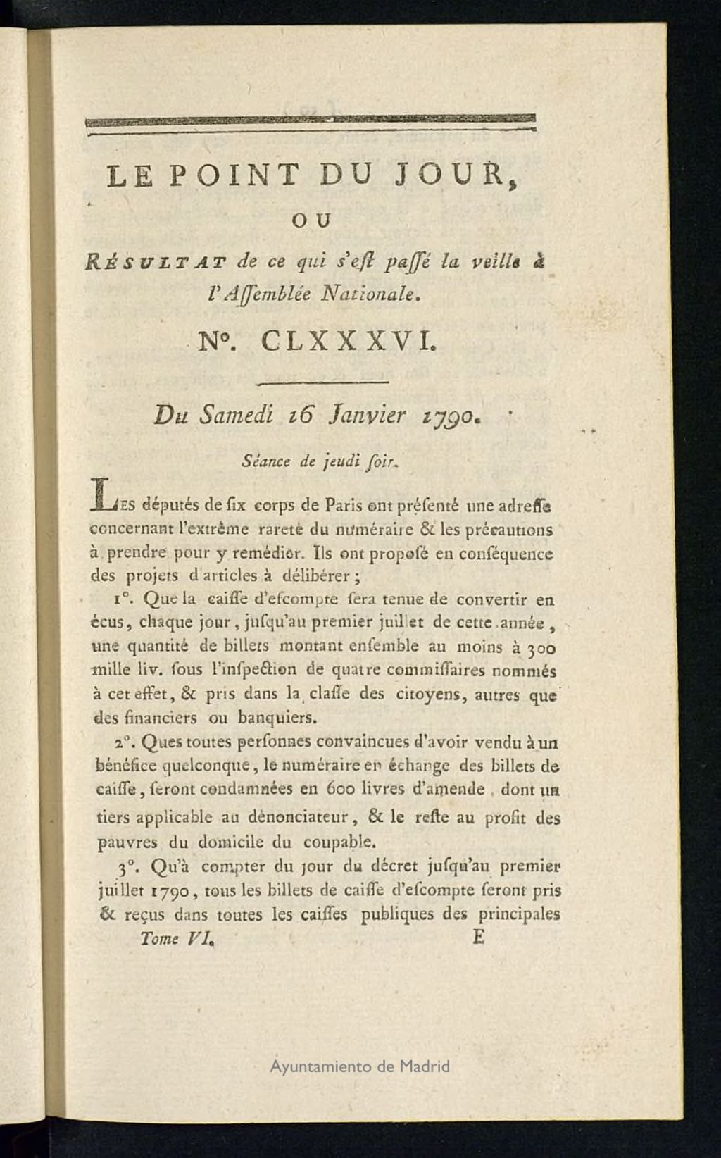 Miniatura de Le Point du Jour : ou Résultat de ce qui s´est passé la veille à l´Assemble Nationale du samedi 16 janvier 1790. Nº 186