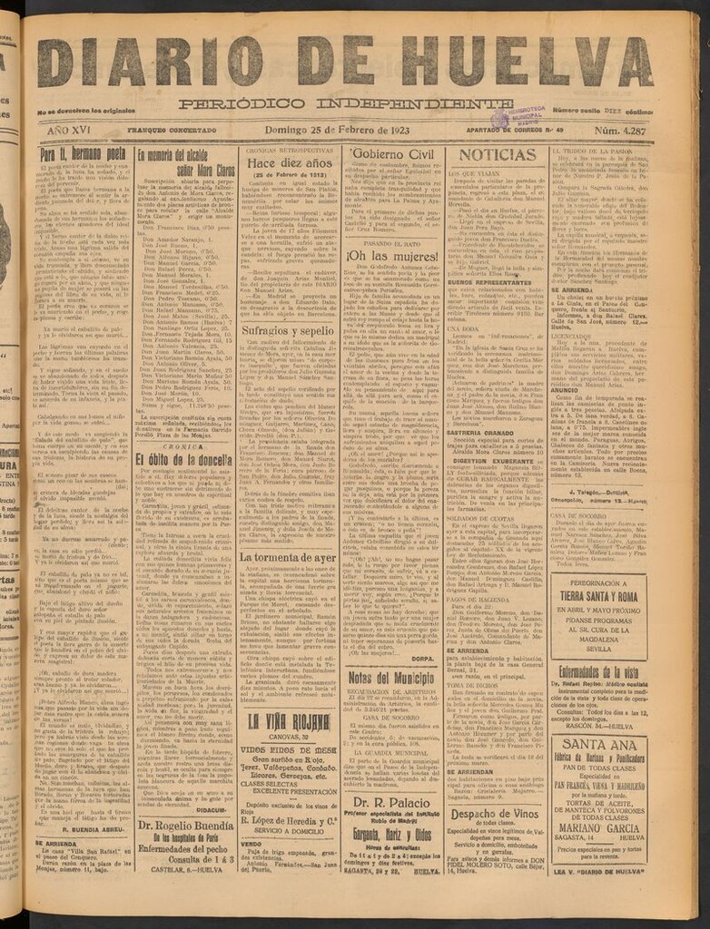 Miniatura de Diario de Huelva : periódico independiente del 25 de febrero de 1923