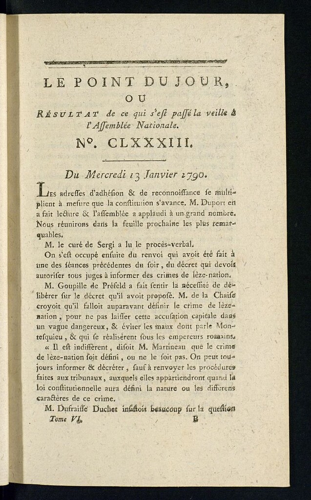 Miniatura de Le Point du Jour : ou Résultat de ce qui s´est passé la veille à l´Assemble Nationale du mercredi 13 janvier 1790. Nº 183