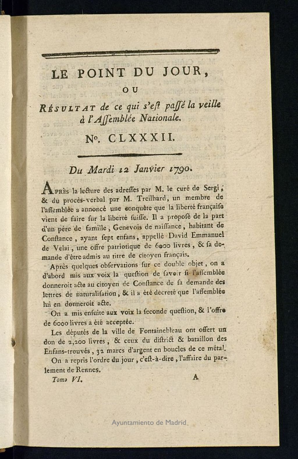 Miniatura de Le Point du Jour : ou Résultat de ce qui s´est passé la veille à l´Assemble Nationale du mardi 12 janvier 1790. Nº 182