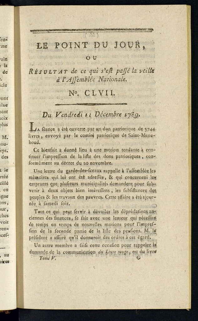 Miniatura de Le Point du Jour : ou Résultat de ce qui s´est passé la veille à l´Assemble Nationale du mercredi 11 decembre 1789. Nº 157