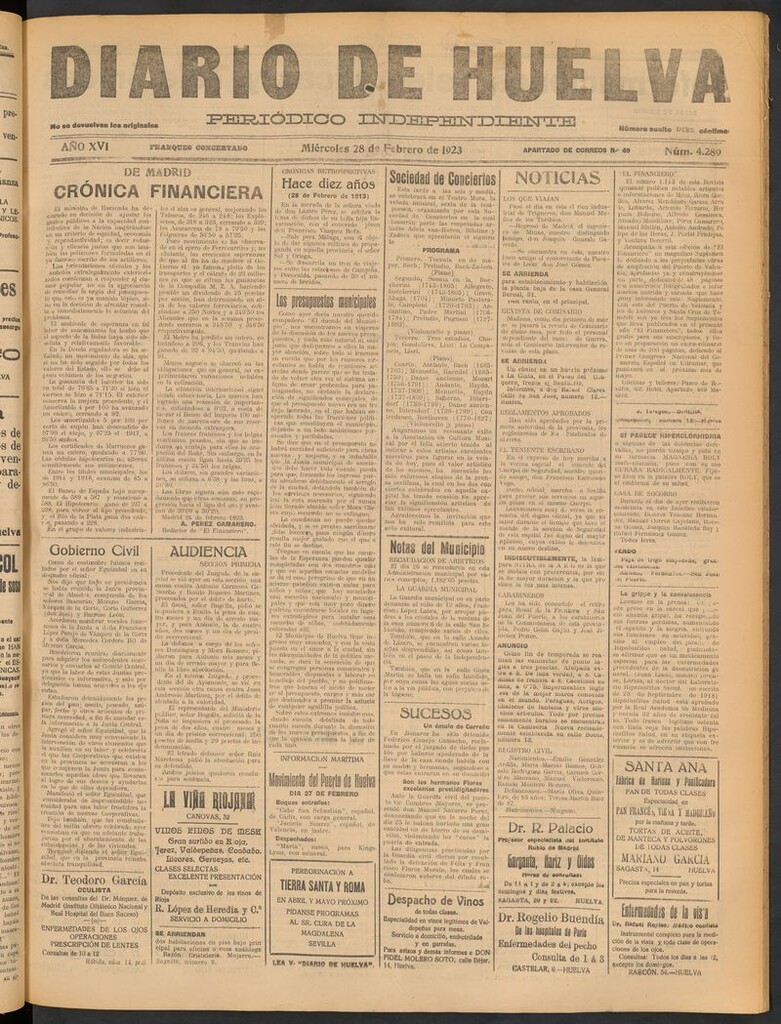 Miniatura de Diario de Huelva : periódico independiente del 28 de febrero de 1923