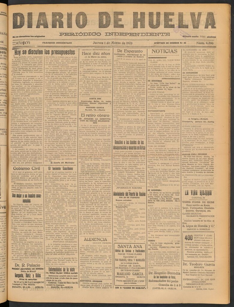 Miniatura de Diario de Huelva : periódico independiente del 1 de marzo de 1923