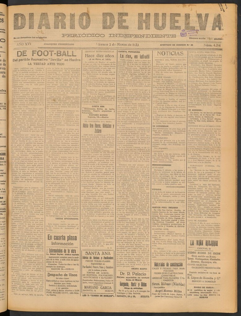 Miniatura de Diario de Huelva : periódico independiente del 2 de marzo de 1923