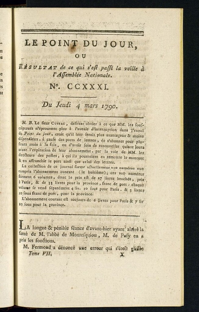 Miniatura de Le Point du Jour : ou Résultat de ce qui s´est passé la veille à l´Assemble Nationale du jeudi 4 mars 1790. Nº 231
