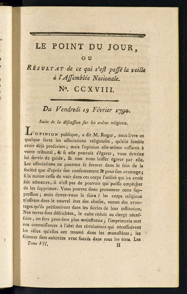 Miniatura de Le Point du Jour : ou Résultat de ce qui s´est passé la veille à l´Assemble Nationale du vendredi 19 fevrier 11790. Nº 218