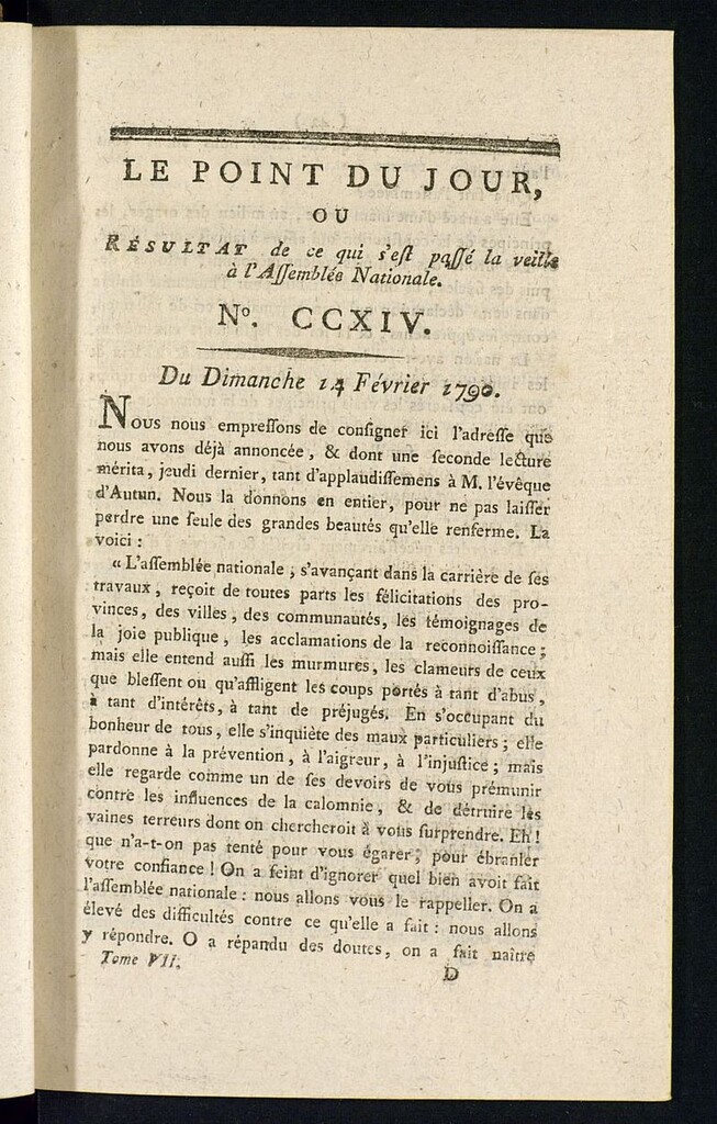 Miniatura de Le Point du Jour : ou Résultat de ce qui s´est passé la veille à l´Assemble Nationale du dimanche 14 fevrier 1790. Nº 214