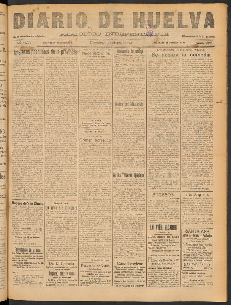 Miniatura de Diario de Huelva : periódico independiente del 4 de marzo de 1923