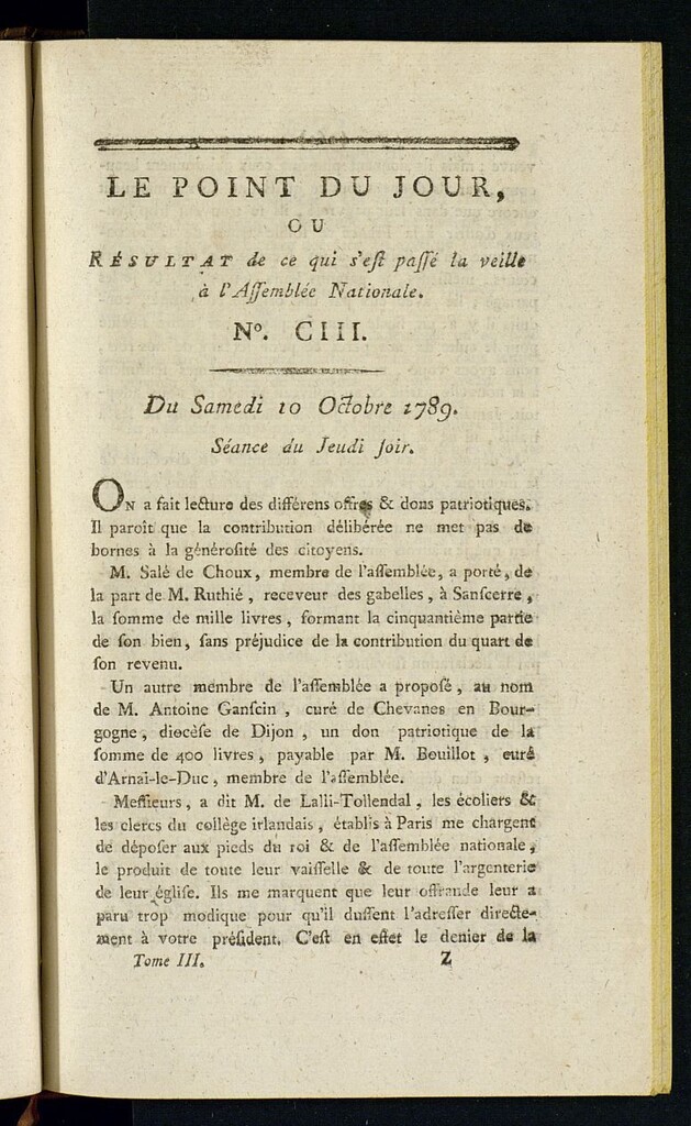 Miniatura de Le Point du Jour : ou Résultat de ce qui s´est passé la veille à l´Assemble Nationale du samedi 10 octobre 1789. Nº 103