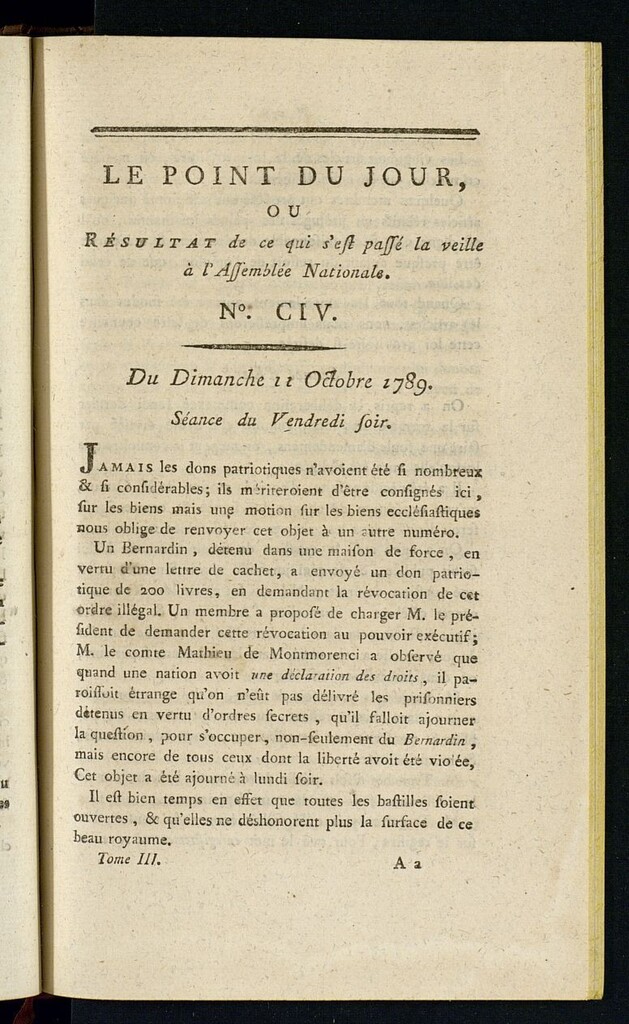 Miniatura de Le Point du Jour : ou Résultat de ce qui s´est passé la veille à l´Assemble Nationale du dimanche 11 octobre 1789. Nº 104