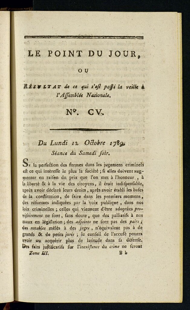 Miniatura de Le Point du Jour : ou Résultat de ce qui s´est passé la veille à l´Assemble Nationale du lundi 12 octobre 1789. Nº 105