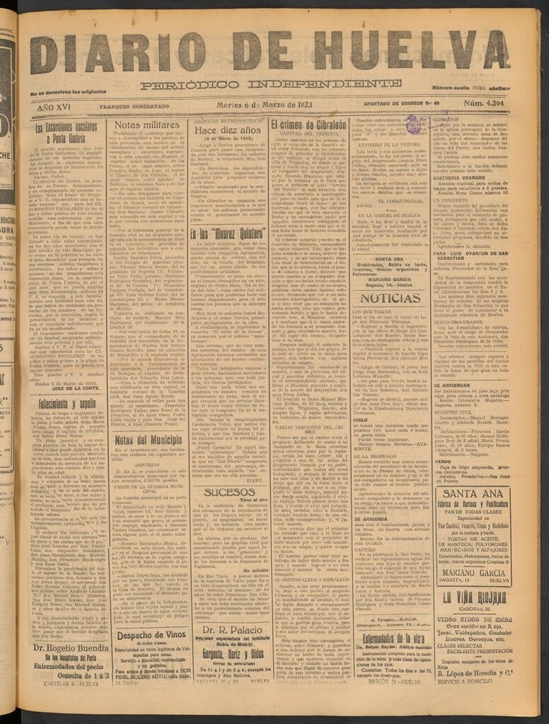 Miniatura de Diario de Huelva : periódico independiente del 6 de marzo de 1923