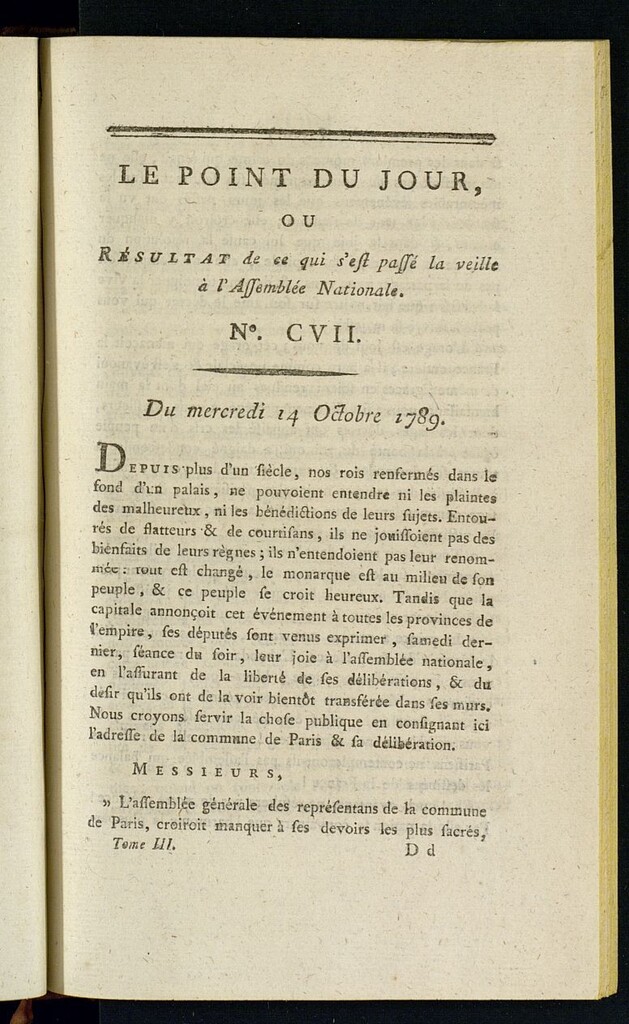 Miniatura de Le Point du Jour : ou Résultat de ce qui s´est passé la veille à l´Assemble Nationale du mercredi 14 octobre 1789. Nº 107