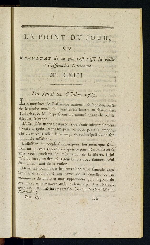 Miniatura de Le Point du Jour : ou Résultat de ce qui s´est passé la veille à l´Assemble Nationale du jeudi 22 octobre 1789. Nº 113