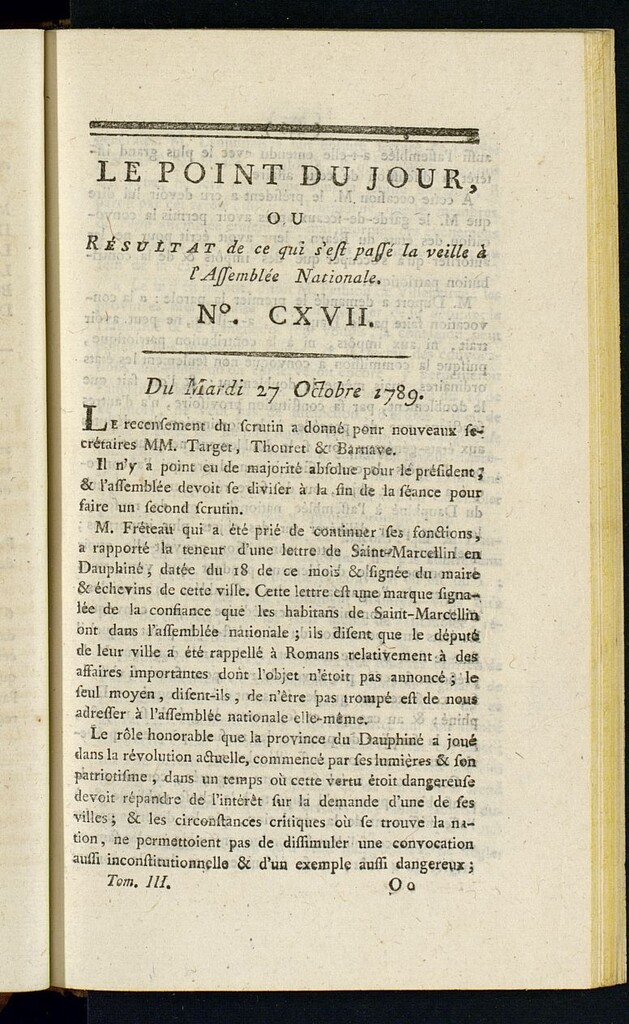 Miniatura de Le Point du Jour : ou Résultat de ce qui s´est passé la veille à l´Assemble Nationale du mardi 27 octobre 1789. Nº 117