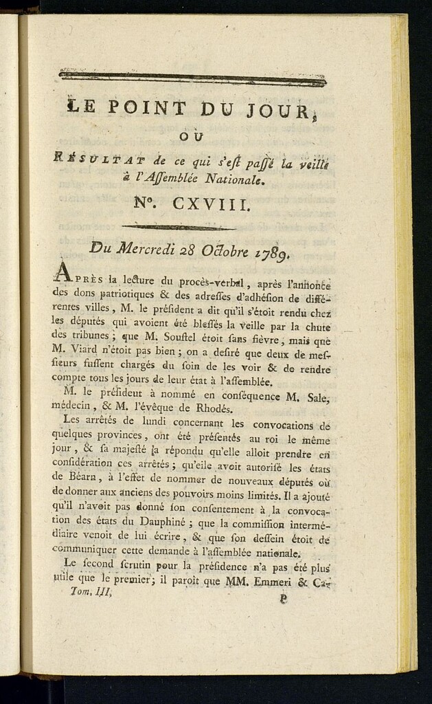 Miniatura de Le Point du Jour : ou Résultat de ce qui s´est passé la veille à l´Assemble Nationale du mercredi 28 octobre 1789. Nº 118