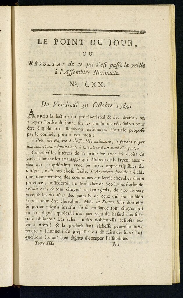 Miniatura de Le Point du Jour : ou Résultat de ce qui s´est passé la veille à l´Assemble Nationale du vendredi 30 octobre 1789. Nº 120