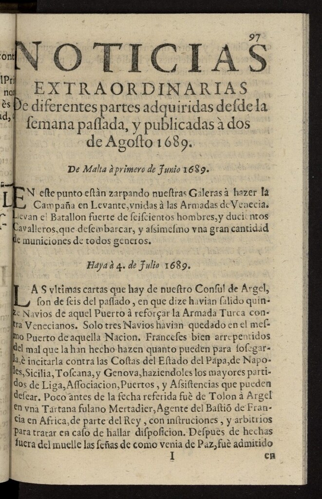 Miniatura de Noticias extraordinarias de diferentes partes del 2 de agosto de 1689