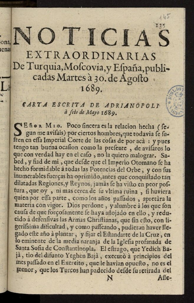 Miniatura de Noticias extraordinarias de Turquía, Moscovia y España del 30 de agosto de 1689