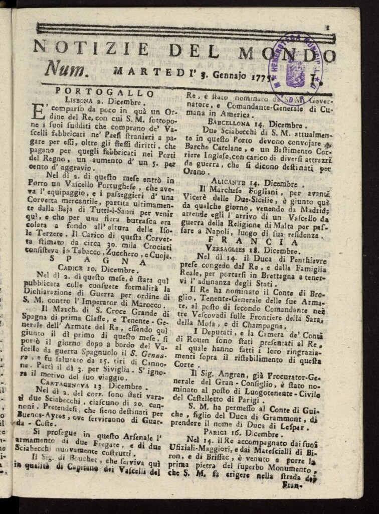 Miniatura de Notizie del Mondo del 3 de enero de 1775, nº 1