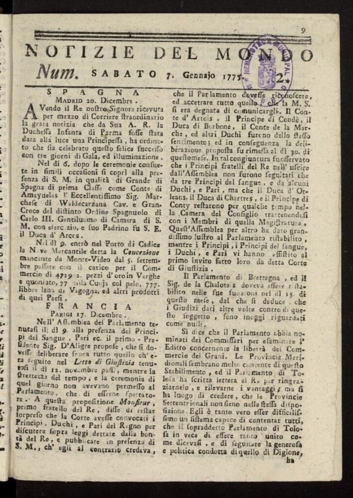 Miniatura de Notizie del Mondo del 7 de enero de 1775, nº 2