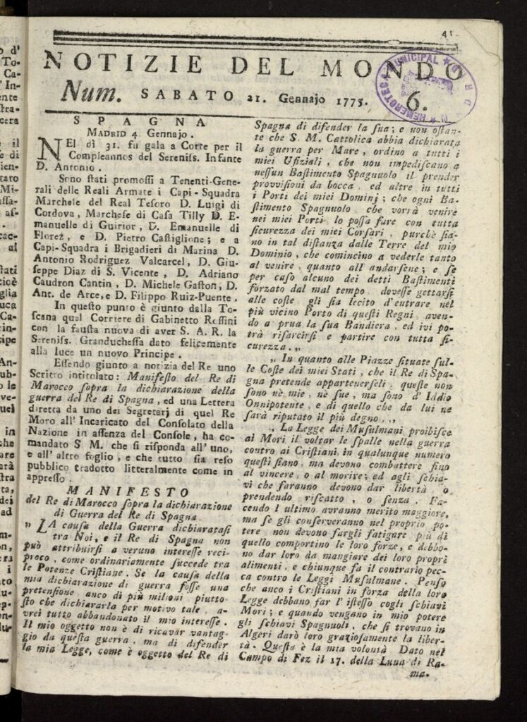 Miniatura de Notizie del Mondo del 21 de enero de 1775, nº 6