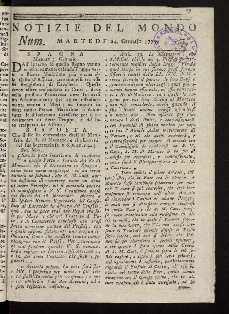 Miniatura de Notizie del Mondo del 24 de enero de 1775, nº 7