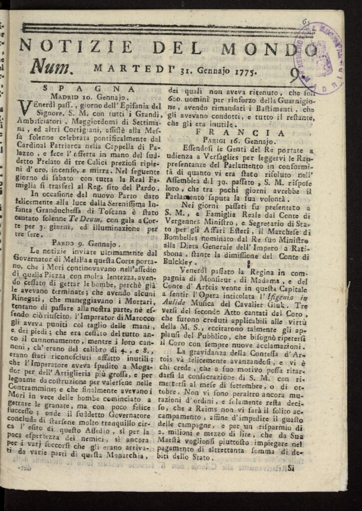 Miniatura de Notizie del Mondo del 31 de enero de 1775, nº 9