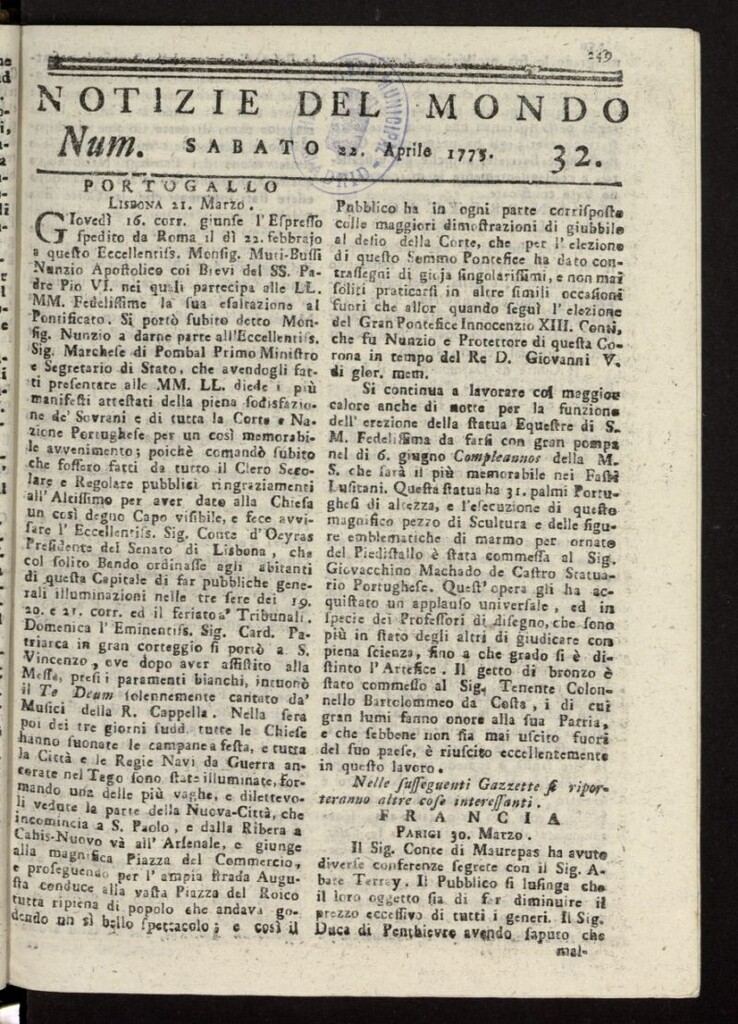 Miniatura de Notizie del Mondo del 22 de abril de 1775, nº 32