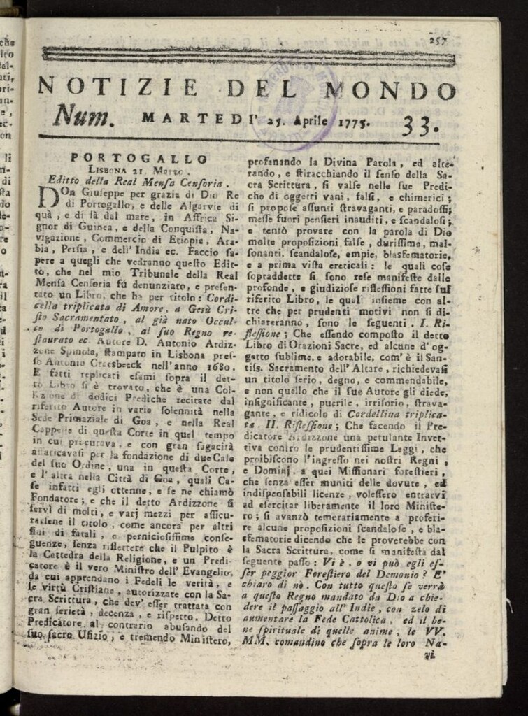 Miniatura de Notizie del Mondo del 25 de abril de 1775, nº 33