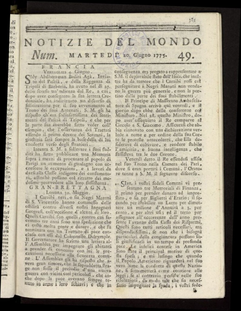 Miniatura de Notizie del Mondo del 20 junio de 1775, nº 49