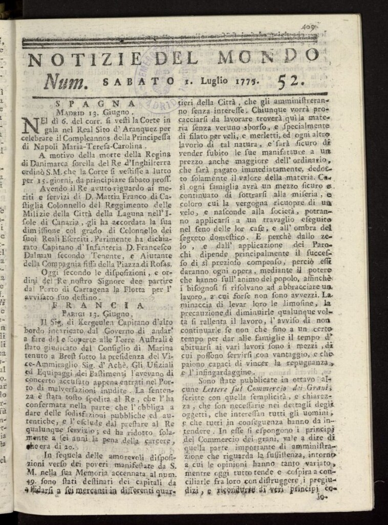 Miniatura de Notizie del Mondo del 1 de julio de 1775, nº 52