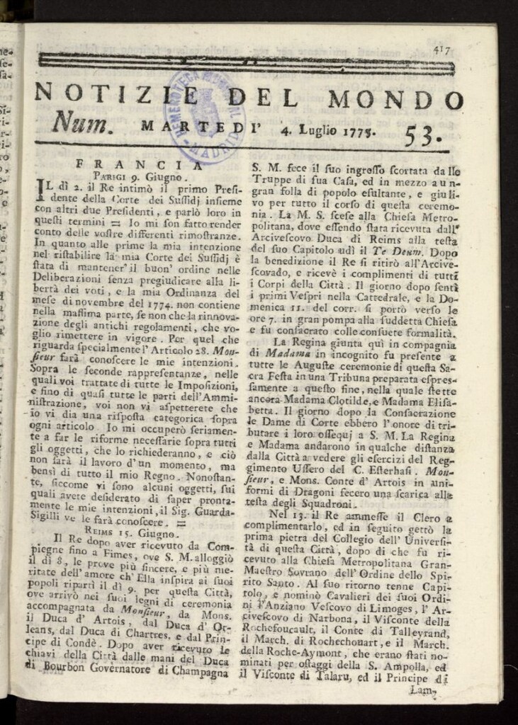 Miniatura de Notizie del Mondo del 4 de julio de 1775, nº 53