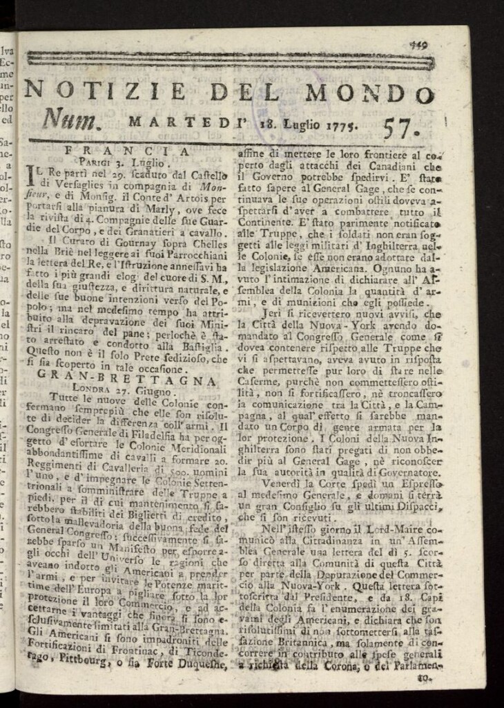 Miniatura de Notizie del Mondo del 18 de julio de 1775, nº 57