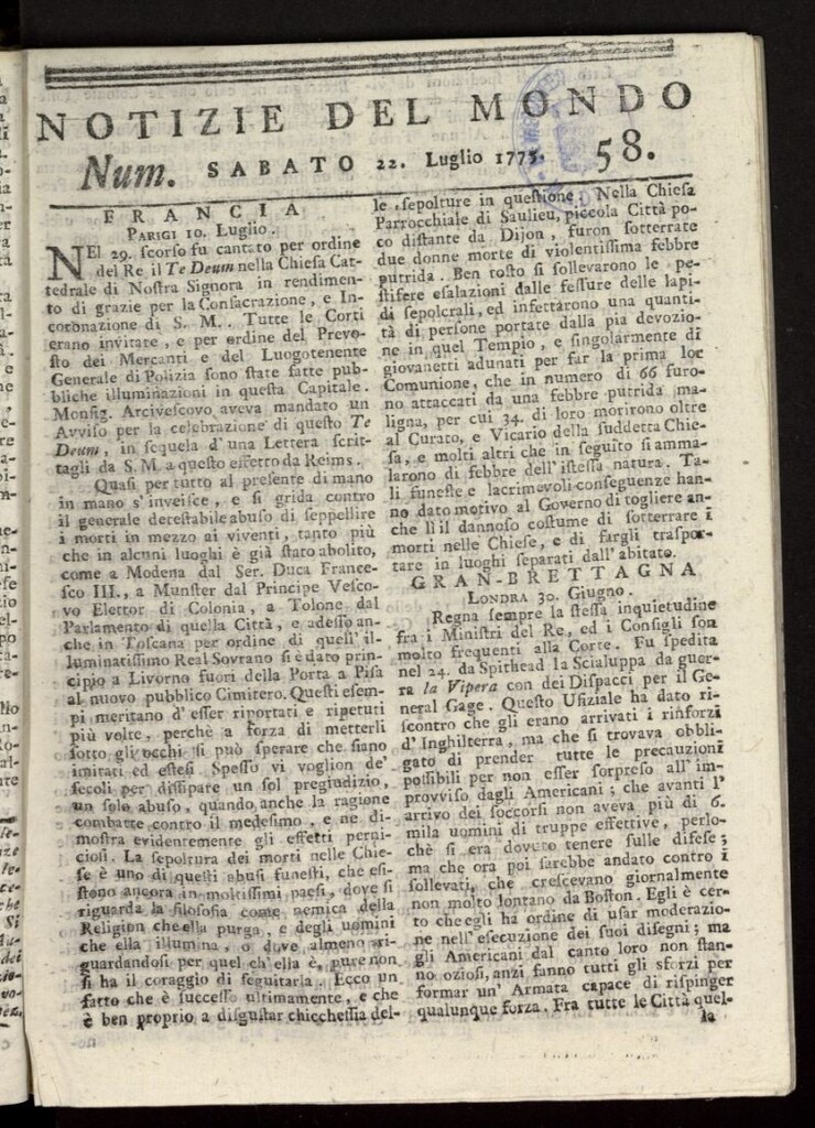 Miniatura de Notizie del Mondo del 22 de julio de 1775, nº 58