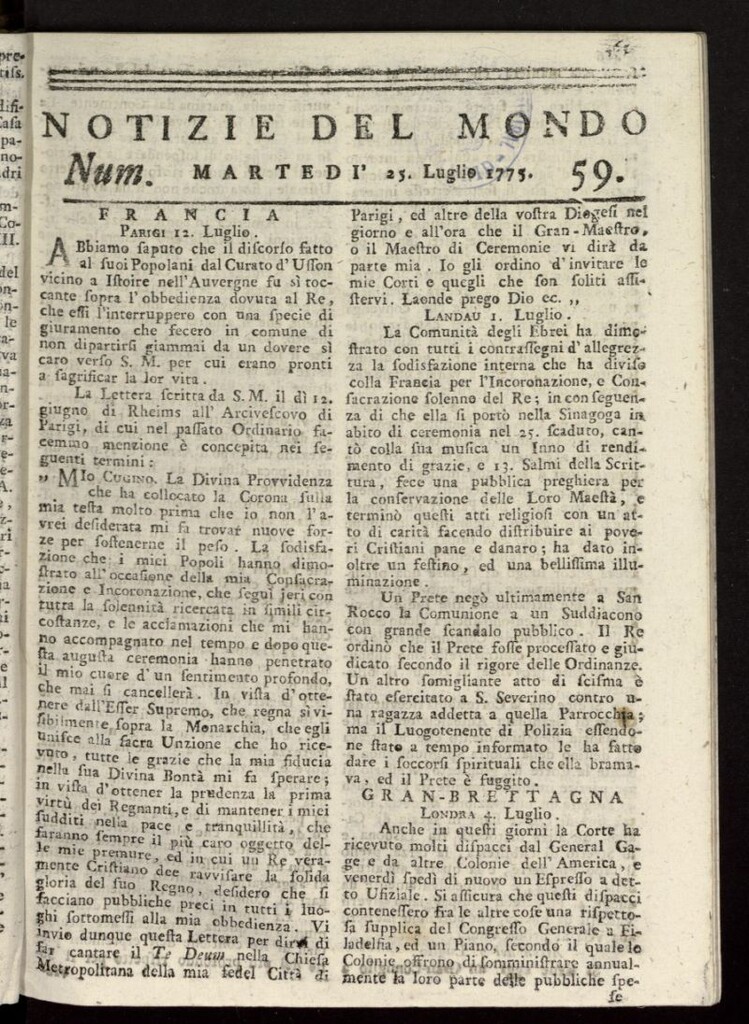 Miniatura de Notizie del Mondo del 25 de julio de 1775, nº 59
