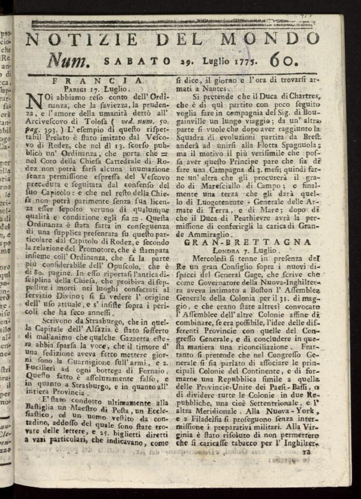 Miniatura de Notizie del Mondo del 29 de julio de 1775, nº 60