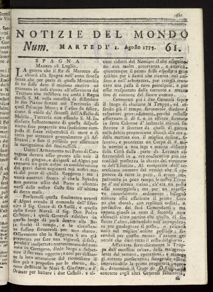 Miniatura de Notizie del Mondo del 2 de agosto 1775, nº 61
