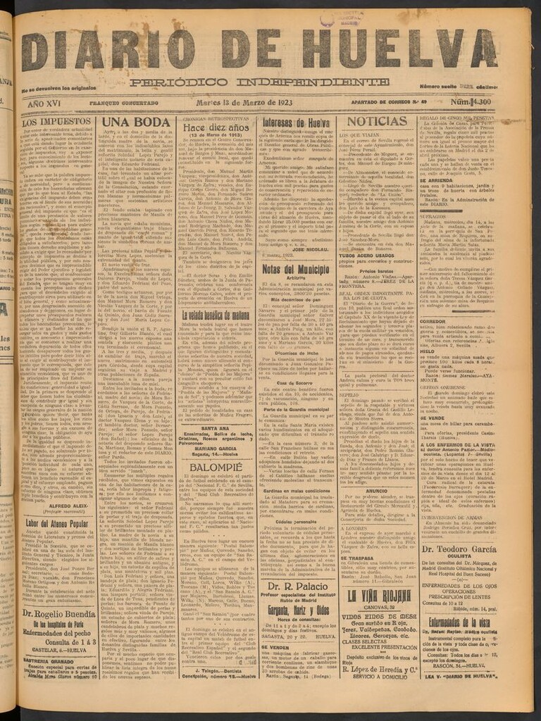 Miniatura de Diario de Huelva : periódico independiente del 13 de marzo de 1923