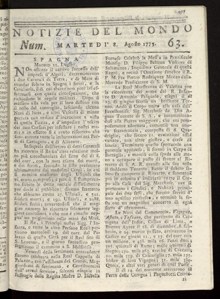Miniatura de Notizie del Mondo del 8 de agosto de 1775, nº 63
