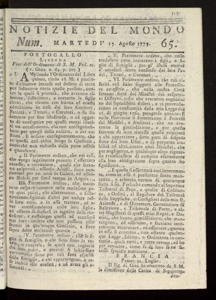Miniatura de Notizie del Mondo del 15 de agosto de 1775, nº 65