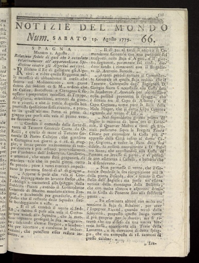 Miniatura de Notizie del Mondo del 19 de agosto de 1775, nº 66