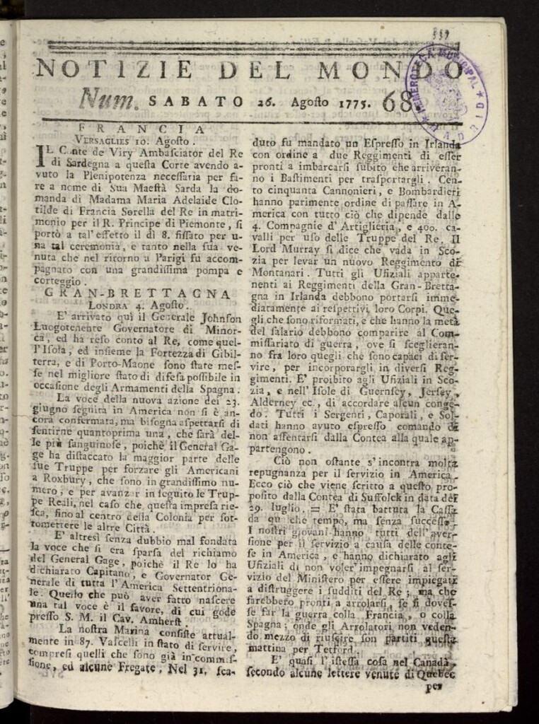 Miniatura de Notizie del Mondo del 26 de agosto de 1775, nº 68
